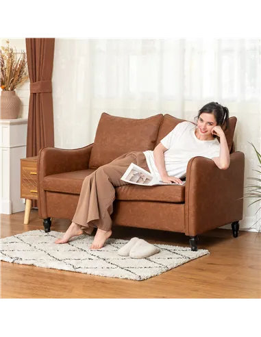 HOMCOM Faux Leather Marble-Effect Two-Seater Sofa - Brown