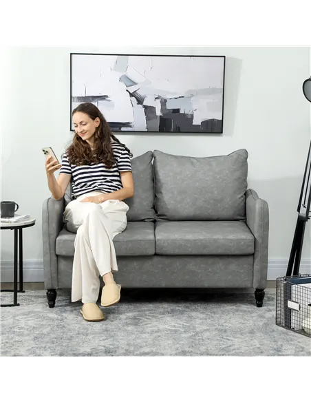 HOMCOM Faux Leather Marble-Effect Two-Seater Sofa - Grey