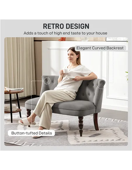 HOMCOM Velvet 2 Seater Sofa, Button Tufted Wingback Loveseat with Rubber Wood Legs for Living Room, Bedroom, Charcoal Grey