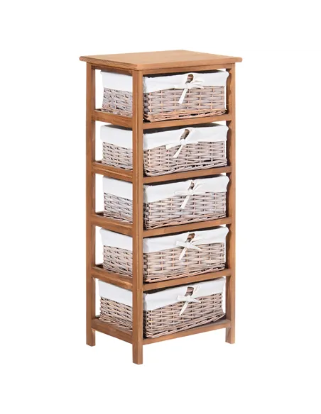 HOMCOM 5 Drawer Dresser Wicker Basket Storage Shelf Unit Wooden Frame Home Organisation Cabinet Bedroom Office Furniture Natural