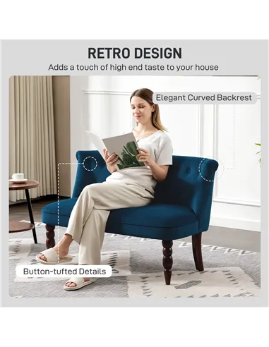 HOMCOM Velvet 2 Seater Sofa, Button Tufted Wingback Loveseat with Rubber Wood Legs for Living Room, Bedroom, Dark Blue