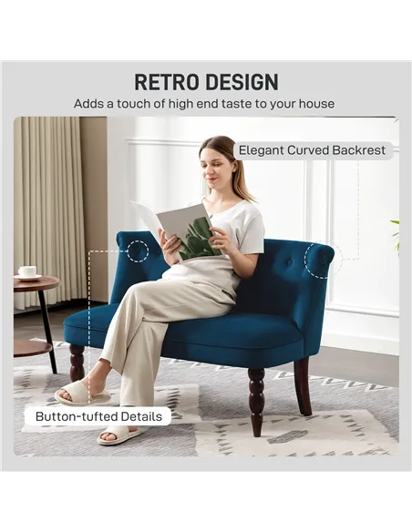 HOMCOM Velvet 2 Seater Sofa, Button Tufted Wingback Loveseat with Rubber Wood Legs for Living Room, Bedroom, Dark Blue