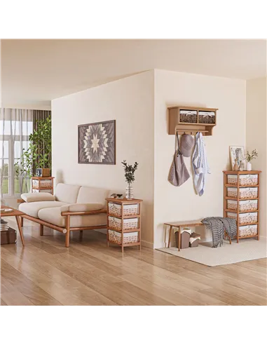 HOMCOM 5 Drawer Dresser Wicker Basket Storage Shelf Unit Wooden Frame Home Organisation Cabinet Bedroom Office Furniture Natural