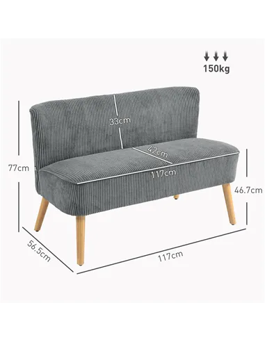 HOMCOM Modern Corduroy Double Seat Sofa w/ Wood Frame Foam Padding Soft Comfortable Compact Couch Grey