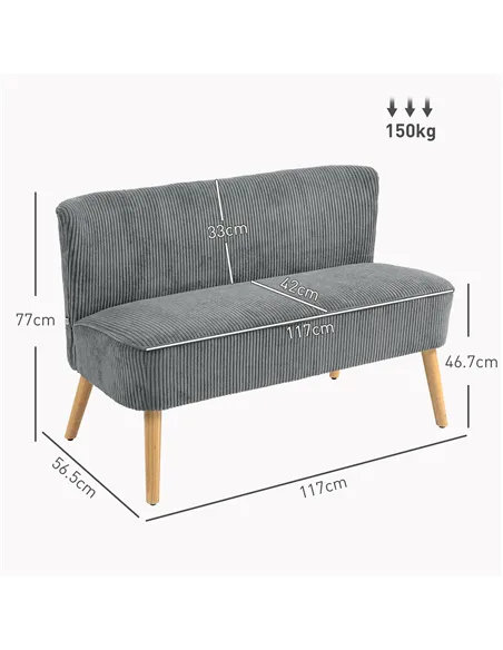 HOMCOM Modern Corduroy Double Seat Sofa w/ Wood Frame Foam Padding Soft Comfortable Compact Couch Grey