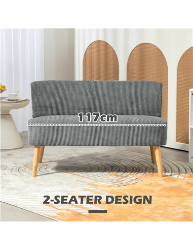 HOMCOM Modern Corduroy Double Seat Sofa w/ Wood Frame Foam Padding Soft Comfortable Compact Couch Grey