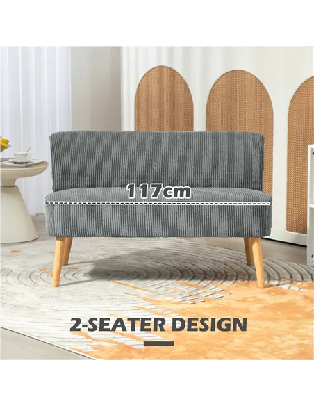HOMCOM Modern Corduroy Double Seat Sofa w/ Wood Frame Foam Padding Soft Comfortable Compact Couch Grey