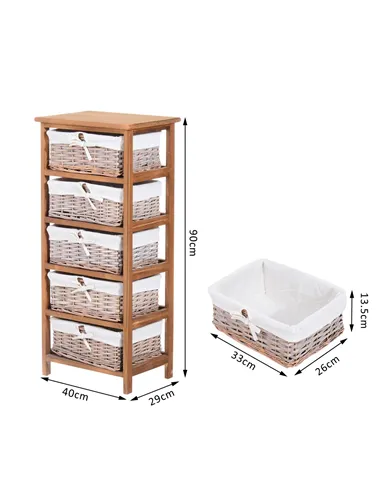 HOMCOM 5 Drawer Dresser Wicker Basket Storage Shelf Unit Wooden Frame Home Organisation Cabinet Bedroom Office Furniture Natural