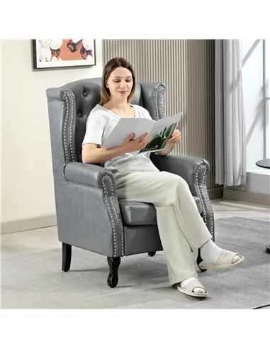 HOMCOM Wingback Accent Chair Tufted Chesterfield-style Armchair with Nail Head Trim for Living Room Bedroom Grey