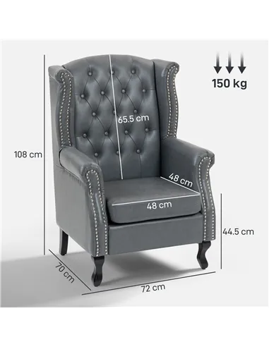 HOMCOM Wingback Accent Chair Tufted Chesterfield-style Armchair with Nail Head Trim for Living Room Bedroom Grey