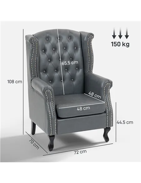 HOMCOM Wingback Accent Chair Tufted Chesterfield-style Armchair with Nail Head Trim for Living Room Bedroom Grey