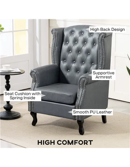 HOMCOM Wingback Accent Chair Tufted Chesterfield-style Armchair with Nail Head Trim for Living Room Bedroom Grey