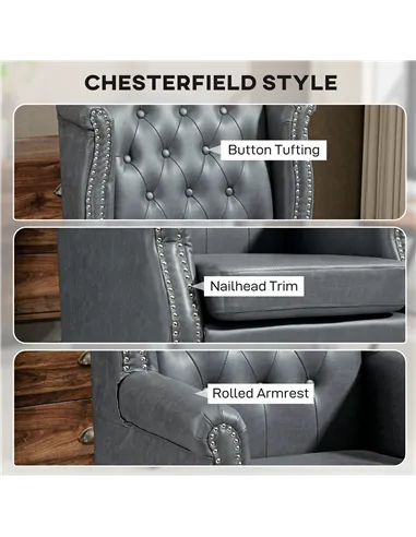 HOMCOM Wingback Accent Chair Tufted Chesterfield-style Armchair with Nail Head Trim for Living Room Bedroom Grey