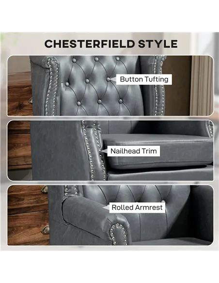 HOMCOM Wingback Accent Chair Tufted Chesterfield-style Armchair with Nail Head Trim for Living Room Bedroom Grey