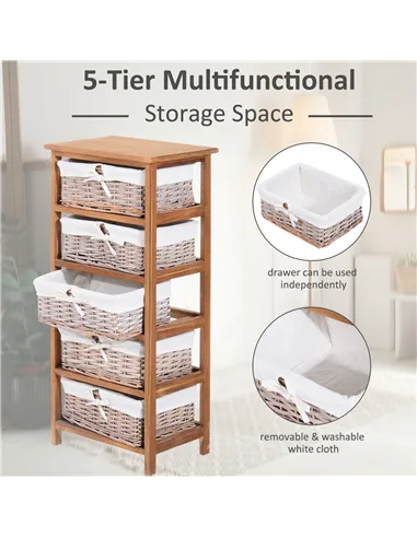 HOMCOM 5 Drawer Dresser Wicker Basket Storage Shelf Unit Wooden Frame Home Organisation Cabinet Bedroom Office Furniture Natural