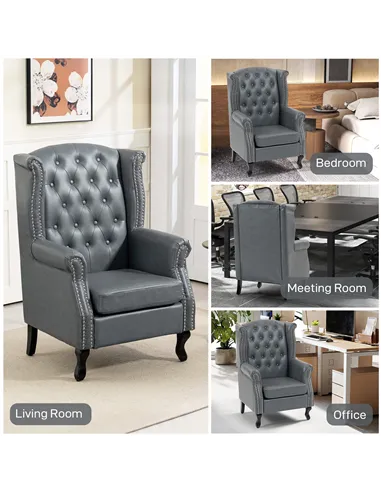 HOMCOM Wingback Accent Chair Tufted Chesterfield-style Armchair with Nail Head Trim for Living Room Bedroom Grey
