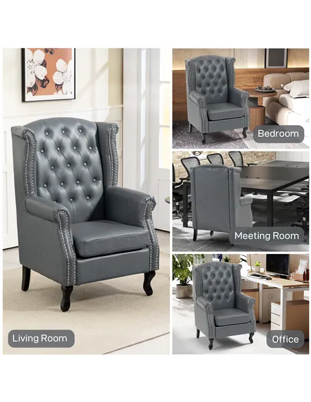 HOMCOM Wingback Accent Chair Tufted Chesterfield-style Armchair with Nail Head Trim for Living Room Bedroom Grey