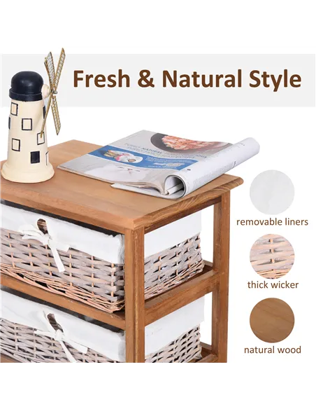 HOMCOM 5 Drawer Dresser Wicker Basket Storage Shelf Unit Wooden Frame Home Organisation Cabinet Bedroom Office Furniture Natural