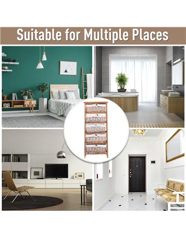 HOMCOM 5 Drawer Dresser Wicker Basket Storage Shelf Unit Wooden Frame Home Organisation Cabinet Bedroom Office Furniture Natural