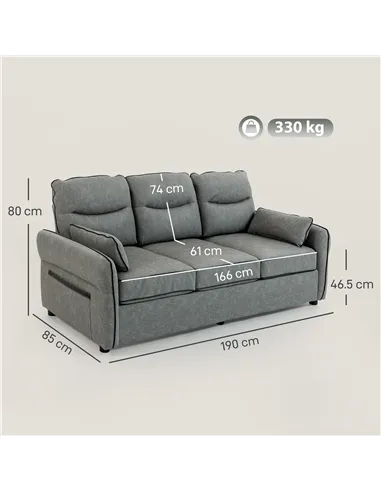 HOMCOM 3 Seater Sofa, Faux Leather Couch - Grey