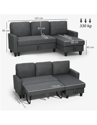 HOMCOM Three-Seater Storage Sofa Bed -  Charcoal Grey
