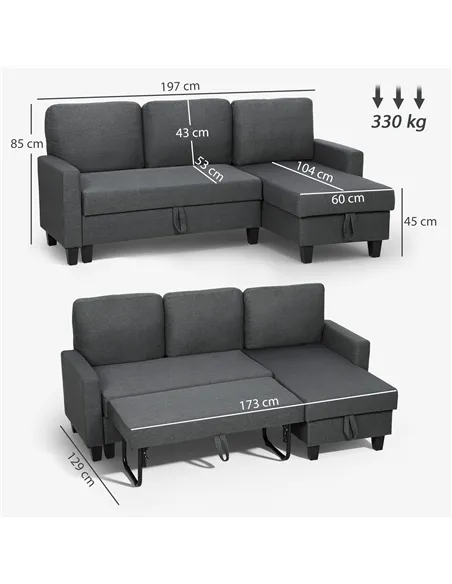 HOMCOM Three-Seater Storage Sofa Bed -  Charcoal Grey