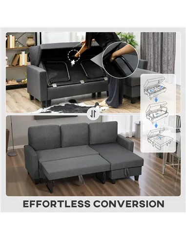 HOMCOM Three-Seater Storage Sofa Bed -  Charcoal Grey