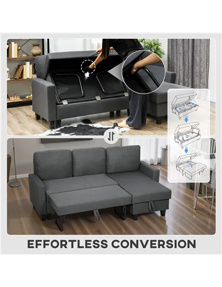 HOMCOM Three-Seater Storage Sofa Bed -  Charcoal Grey
