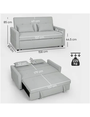 HOMCOM Three-Way Two-Seater Sofa Bed - Light Grey