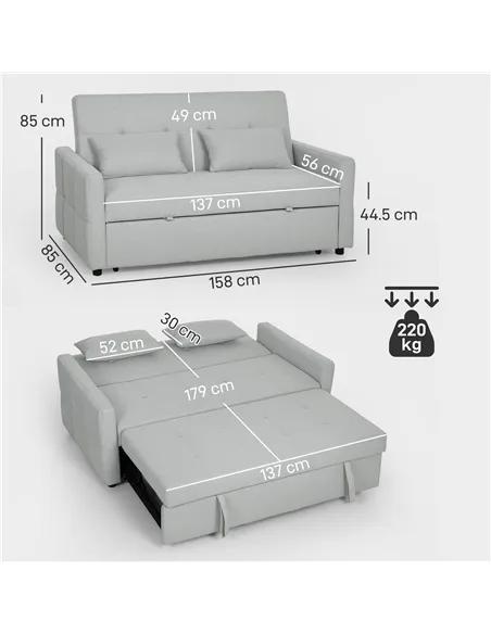 HOMCOM Three-Way Two-Seater Sofa Bed - Light Grey