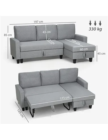 HOMCOM Three-Seater Storage Sofa Bed - Grey