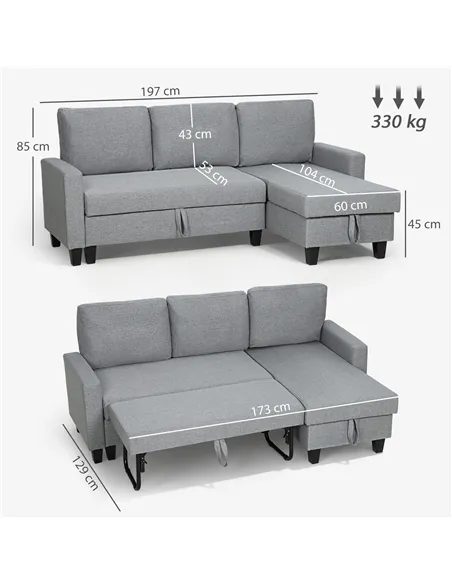 HOMCOM Three-Seater Storage Sofa Bed - Grey