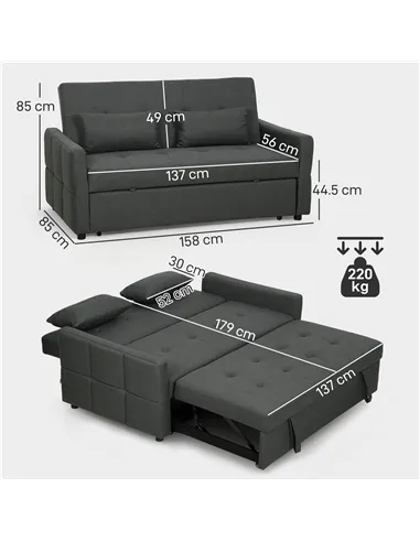 HOMCOM Three-Way Two-Seater Sofa Bed - Charcoal Grey