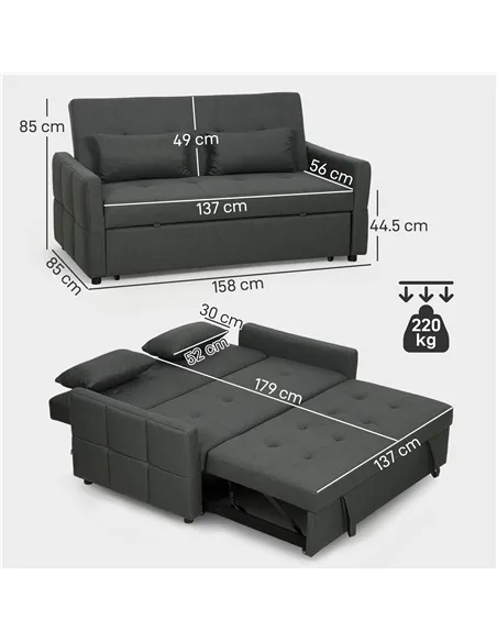 HOMCOM Three-Way Two-Seater Sofa Bed - Charcoal Grey