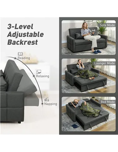 HOMCOM Three-Way Two-Seater Sofa Bed - Charcoal Grey