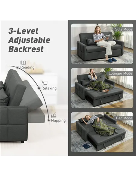 HOMCOM Three-Way Two-Seater Sofa Bed - Charcoal Grey