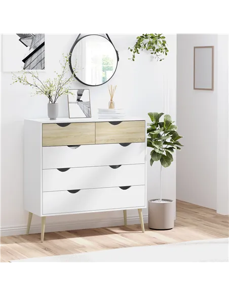 HOMCOM Nordic Style Chest of Drawers, 5 Drawer Dresser with 4 Tapered Legs and Groove Handles, Storage Organiser Side Cabinet fo