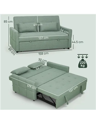 HOMCOM Three-Way Two-Seater Sofa Bed - Green
