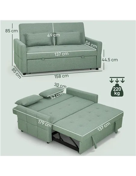 HOMCOM Three-Way Two-Seater Sofa Bed - Green