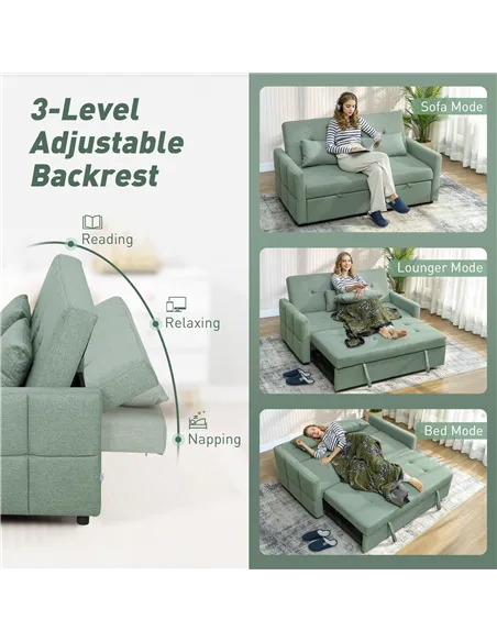 HOMCOM Three-Way Two-Seater Sofa Bed - Green