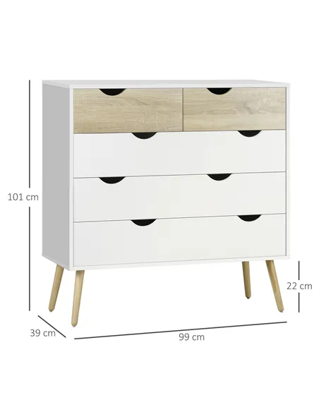 HOMCOM Nordic Style Chest of Drawers, 5 Drawer Dresser with 4 Tapered Legs and Groove Handles, Storage Organiser Side Cabinet fo