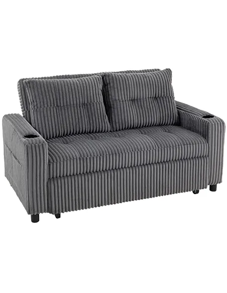 HOMCOM 2 Seater Click Clack Sofa Bed with Pull Out Design, Corduroy Upholstery - Charcoal Grey