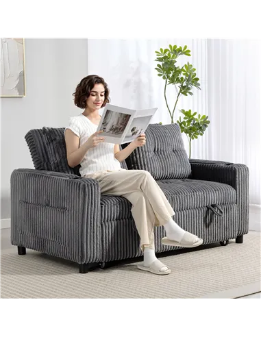 HOMCOM 2 Seater Click Clack Sofa Bed with Pull Out Design, Corduroy Upholstery - Charcoal Grey
