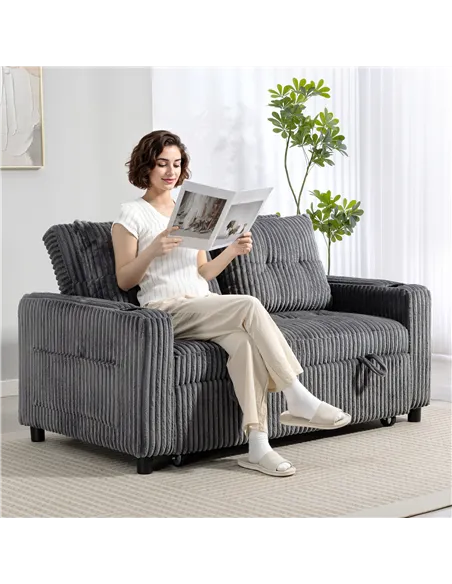HOMCOM 2 Seater Click Clack Sofa Bed with Pull Out Design, Corduroy Upholstery - Charcoal Grey
