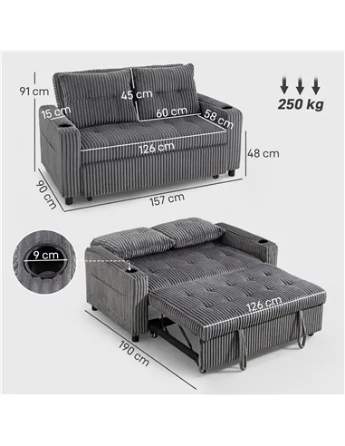 HOMCOM 2 Seater Click Clack Sofa Bed with Pull Out Design, Corduroy Upholstery - Charcoal Grey