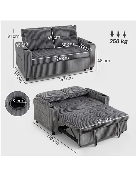 HOMCOM 2 Seater Click Clack Sofa Bed with Pull Out Design, Corduroy Upholstery - Charcoal Grey
