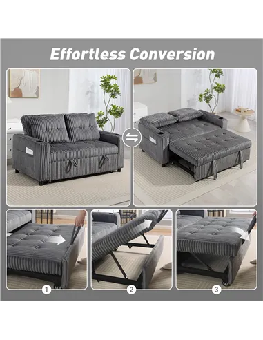 HOMCOM 2 Seater Click Clack Sofa Bed with Pull Out Design, Corduroy Upholstery - Charcoal Grey