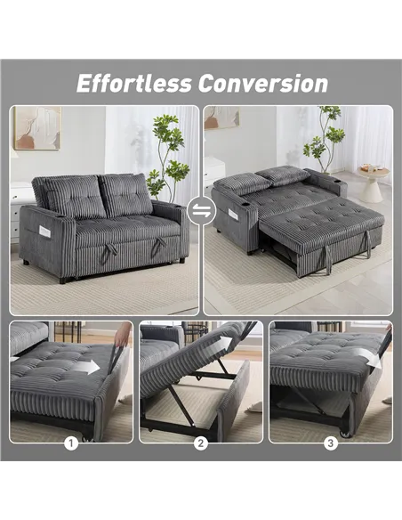 HOMCOM 2 Seater Click Clack Sofa Bed with Pull Out Design, Corduroy Upholstery - Charcoal Grey