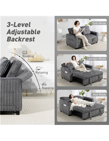 HOMCOM 2 Seater Click Clack Sofa Bed with Pull Out Design, Corduroy Upholstery - Charcoal Grey