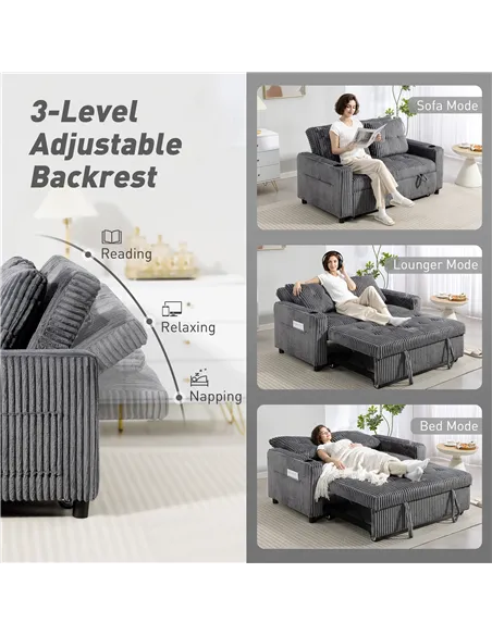 HOMCOM 2 Seater Click Clack Sofa Bed with Pull Out Design, Corduroy Upholstery - Charcoal Grey